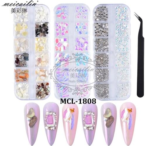 Nail Art Rhinestones Kit 3 Boxes Flat Gem Mix Sizes Clear Diamonds Crystal Colorful Shell Stone with Tweezer for Manicure Crafts