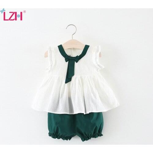 LZH 2021 Summer Fashion Short Sleeve Top+Solid Color Shorts 2Pcs Sets Bowknot Children Clothes Thin Section New Baby Girls Suits