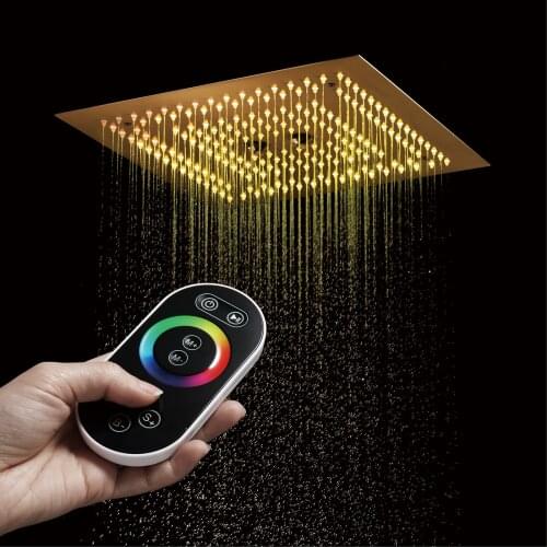 Brushed Gold Shower Heads 16 Inches Square Mist SPA LED Bathroom Shower Rainfall Showerheads 304 Stainless Steel Panel