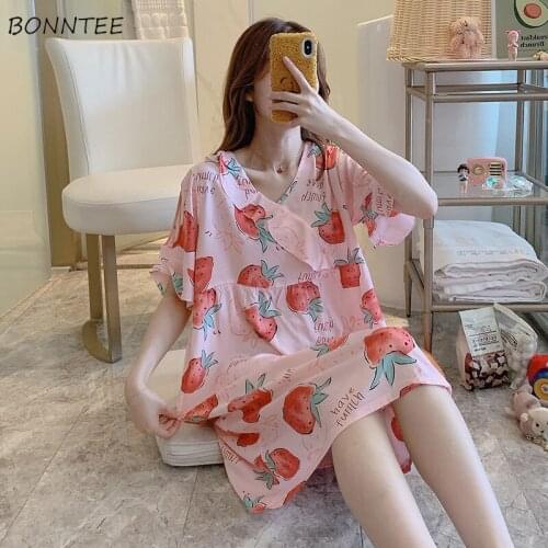 Nightgowns Women Short Sleeve V-neck Summer Maiden Sweet Popular Sleepwear Night Lovely Ruffles Thin Female Basic Retro Korean