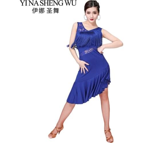 Latin Dance Dress Women Performance Dress Dance Competition Tassel Dress For Ballroom Salsa Cha Cha Dancewear Practice LaceDress