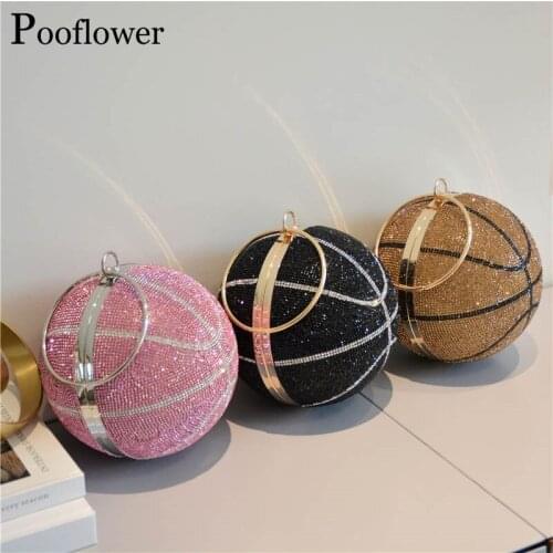 Pooflower sac Rhinestone Basketball Bag Designer Diamond Round Ball Evening Bags Wedding Party Crystal Chain Clutch Purse ZH439