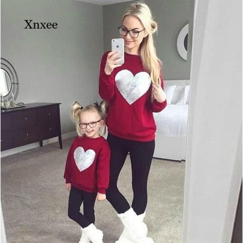 Family Casual Hoodies Clothes Mother and Daughter Matching Outfits Clothes Mother Daughter Matching Tops Heart Print Blouses
