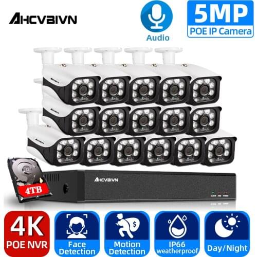 H.265 16CH 5MP 4K HD POE NVR Kit CCTV System IR Outdoor Audio Record AI IP Camera P2P Video Security Surveillance Set 4TB HDD
