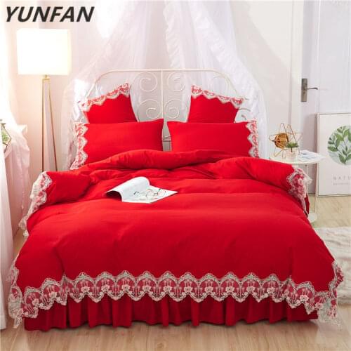 Wedding red Lace bedding sets full queen king duvet cover princess girls bed skirt Korean bedclothes beautiful quilt cover sets