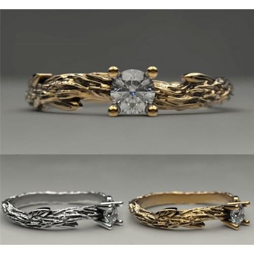 Vintage Gold/Silver Color Tree Branches Ring Simple Fashion White Round Zircon Engagement Rings For Women Men Minimalist Jewelry