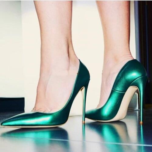 Green Fluorescent Leather Pointed Toe Pumps 12CM Stiletto Heels Shallow Shoes Celebrating Banquet Shoes Plus Size 13
