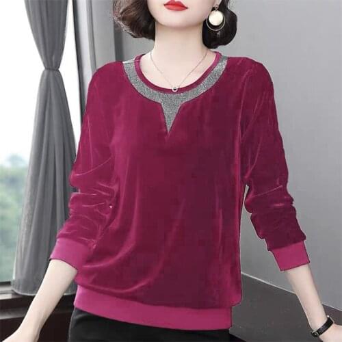 2021 New Autumn Spring Velvet O Neck Long Sleeve womens t-shirt Fashion Korean Style Embroidery Oversized t shirt