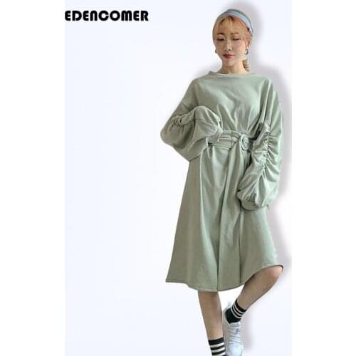 EDENCOMER 2019 Spring Design Sense Belt Thick Korean Version of Lantern Sleeve Length Dresses Casual Dress Vestidos