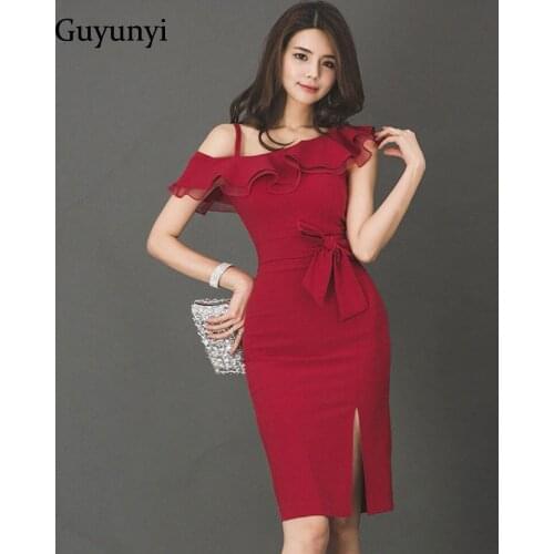 Red Elegant Party Dress 2020 Summer High Waist Tight Sexy Single Side Strap Ruffle Simple Temperament Office Dress Women
