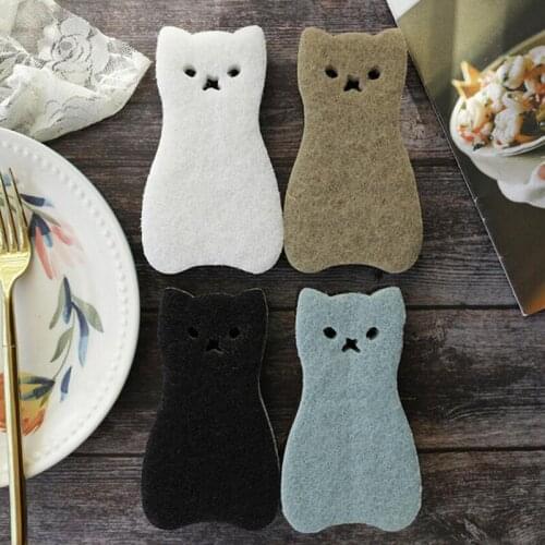 4pcs Cleaning Sponge 3 Layer Cute Cat Shape Water Absorption Dishwashing Sponge Strong Rust Sponge Kitchen Cleaning Tool