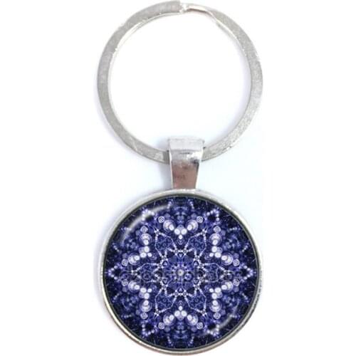OM/AUM Key Chain Handmade Blue Mandala Datura Flower Symbol Art Jewelry Glass Photo Keyring Endless Love And Vengeance Wholesale