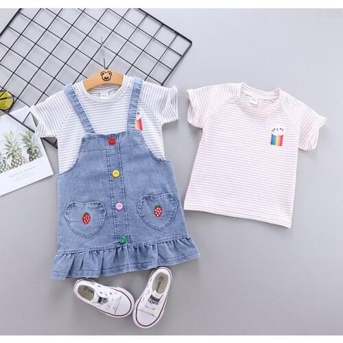 Summer newborn baby girl clothes outfit set T-shirt top denim strap skirt suit for 1 2 year baby girl birthday clothing sets