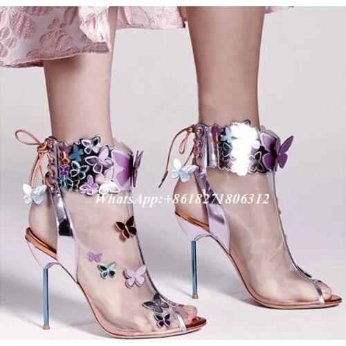 Summer New Fashion Designer Shoes Woman Peep Toe Butterfly Appliques Slingbacks Ankle Boots Lace Up High Heel Mesh Snadals Women