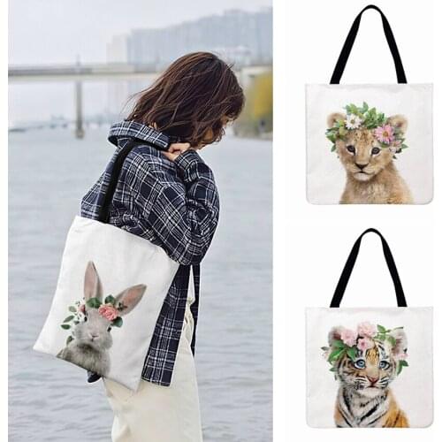 Fashion Shopping Bag Simple Animal With Flowers Painting Printed Tote Bag For Women Casual Tote Ladies Shoulder Bags Beach Bags