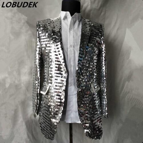 Mens Silver Sequins Tuxedo Long Coat Magician Stage Performance Sequined Tailcoat Swallowtail Suit Jackets Singer Host Costumes