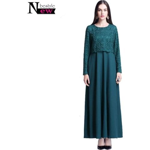 New Women Fake Two Peices Lace Maxi Dress Chiffon Turkish Fashion Muslim Abaya for Women Clothing Lace Long Sleeve Islamic Dress