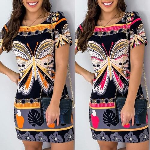 Summer Casual Short Sleeve Mini Dress Vintage Graphic Ladies Sheath OL Dress Womens Butterfly Floral Print Round Neck Dress D30