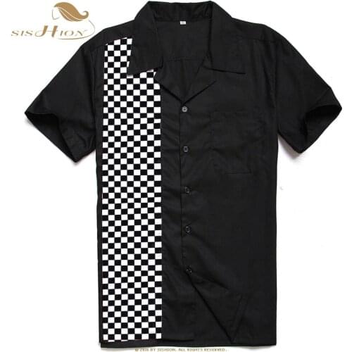 SISHION Mosaic Contrast Color Casual Men bowling Shirt ST110 Short Sleeve Black hemden herren man plaid check shirt cotton