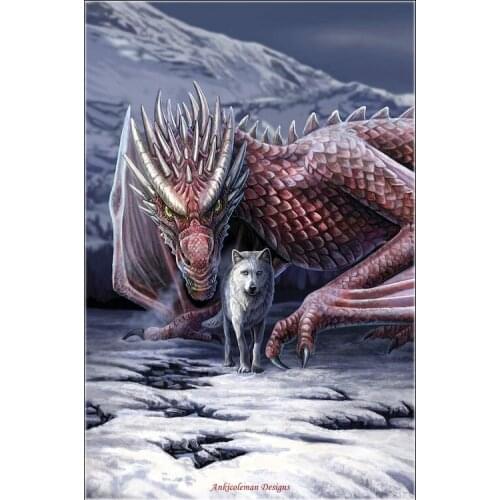 Counted Cross Stitch Kits Needlework Embroidery - Crafts 14 ct Aida DMC Color DIY Arts Handmade Home Decor - Dragon and Wolf