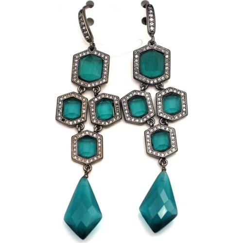 6pairs CZ Paved Earring Faceted Blue Green Pink Cats Eye Stone Long Dangle Drops Hook Earrings for Women Lady Fashion Jewelry