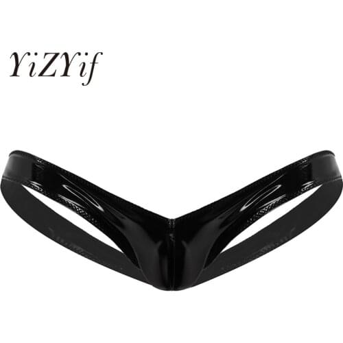 Men Latex Thongs Underwear Wet Look Patent Leather Rise Bulge Pouch Open Butt Mini Jockstrap Thong Briefs Gay Underwear Lingerie