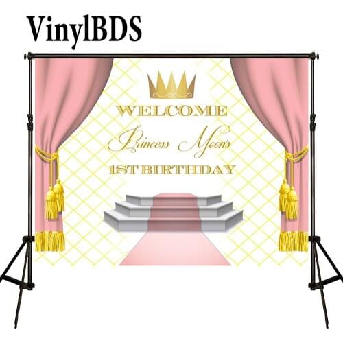 VinylBDSD Pink Newborn Custom Birthday Backdrop Crown Stage Princess Baby Shower Photo Backdrop Pink Curtain Backdrop for Studio