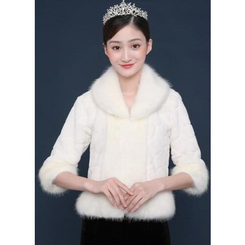 New Wedding Winter Bolero Women Faux Fur Shawl Elegant ivory Cape One Size Fur Cape Real Photos Long Sleeve Bridal Wrap