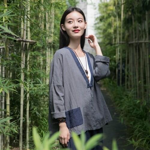 Women Autumn Patchwork Cotton Ramie Jacket Ladies Loose V Neck Outerwear Short Coat Female Spliced Coat 2020