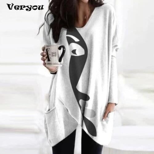 Vintage Abstract Pattern Long Blouse Shirt Women V-Neck Irregular Pullover Top Ladies Casual Pocket Oversize Loose Print Shirt