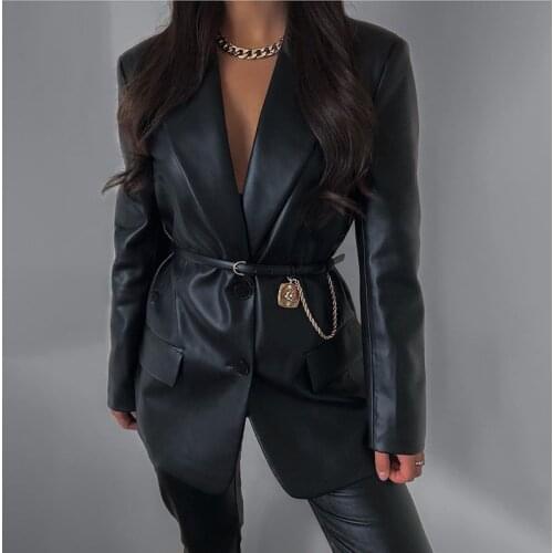 Women Faux Leather Blazer Jacket 2021 Autumn And Winter Female Notched Collar Long Sleeve Elegant Black Pu Leather Jacket Coat