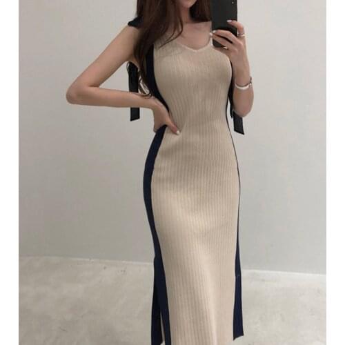2020 Summer Slim Long Knitted Dress Women Sleeveless Bodycon Sweater Dress Sexy V-Neck Sheath Party Vestidos Robe