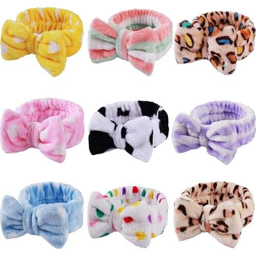 2021 Dot Printed Plush Bow Headbands Leopard Wash Face soft Hairband Stripe Makeup Headwrap Turban Elastic Headband Hair Acces