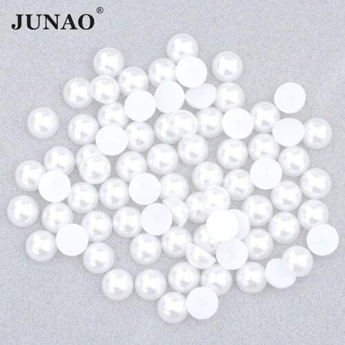 JUNAO 2 4 6 8 10 12 14mm White Pearls Half Round Pearl Rhinestone Stickers Flatback Crystal Stones Glue On Decoration Strass