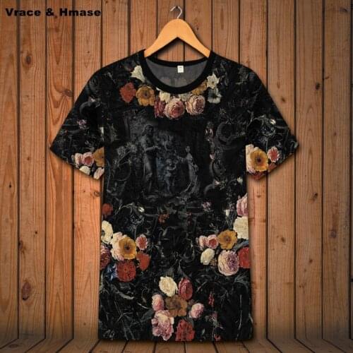 European style rose pattern 3D dark printing oversized short sleeve t shirt Summer 2018 New quality soft comfortable t shirt men