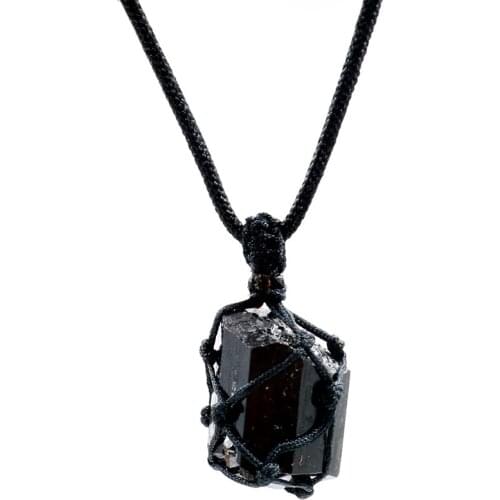 FYSL Handmade Weave Irregular Shape Black Tourmaline Stone Pendant Rope Chain Necklace Trendy Jewelry