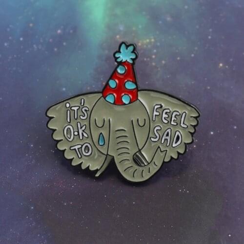 Sad Elephant Brooch Cartoon Clown Elephant Crying Tears ITS OK TO FEEL SAD Enamel Pin Shirt Backpack Animal Badge Family Gifts
