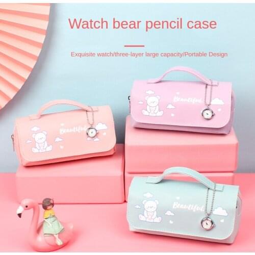 Kawaii Canvas Pencil Case Korean Stationery Cartoon Girls School Supplies Pencil Box Watch Bear Stationery Storage Pen Bags D50