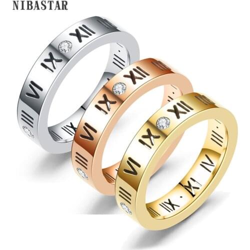 Stainless Steel CZ Roman Numeral Ring for Women Girls,Rose Gold Plated With Crystal