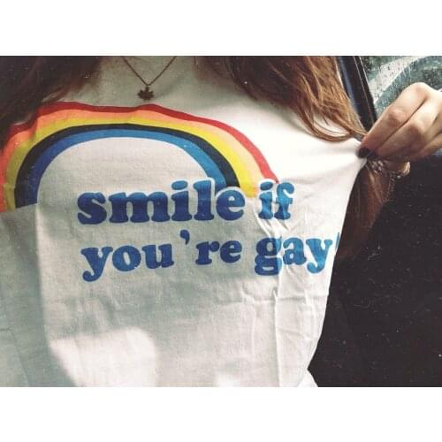HahayuleSummer Fashion Unisex T Shirt Smile If You Are Gay Rainbow Graphic Tee Funny Design Short Sleeve T Shirts