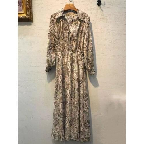 2022 New Woman Floral Print Midi Dress V Neck Front Button up Elastic waistLong Sleeves Fashion