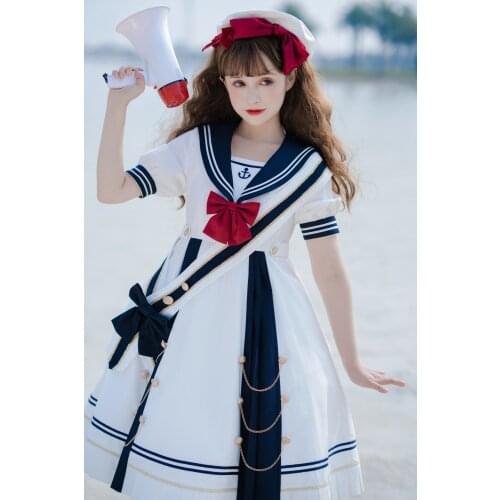 Original Design Sea Flavor Womens Lolita OP Dress Short Sleeve Summer Sailor Collar Dress Kawaii Girl
