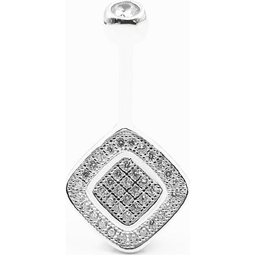925 Sterling Silver Belly Piercing Geometric Square Zircon Man Womens Body Jewelry Navel Ring 6 8 10 MM Long
