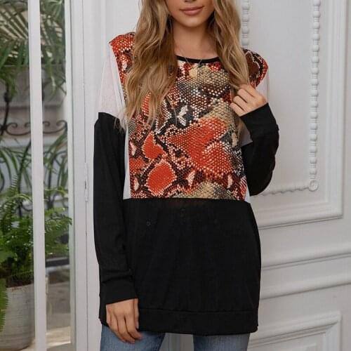 Snakeskin Pattern Stitching Casual Top O-Neck Loose Long-Sleeved T-Shirt Top