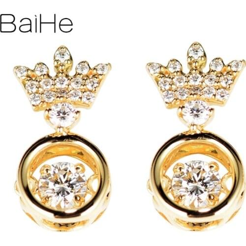 BAIHE Genuine Solid 14K Yellow Gold 0.30CT Sparkling Dancing Diamond Earrings Crown Cерьги Women Cережки Fine Jewelry Engagement