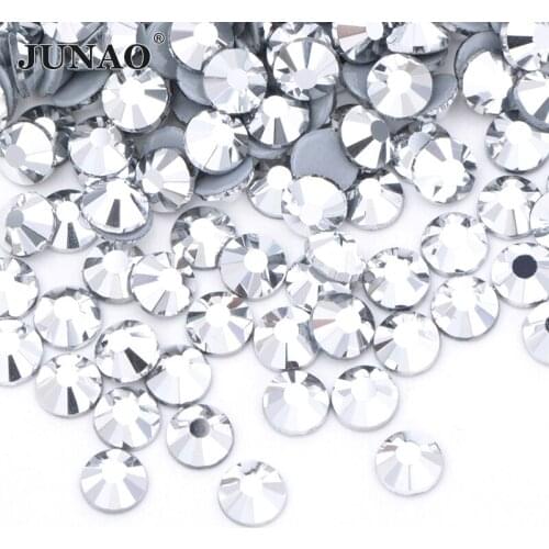 JUNAO SS6 8 10 12 16 20 30 Silver Hot Fix Glass Crystal Rhinestones Iron On Clothes Applique Flat Back Hotfix Crystal Strass