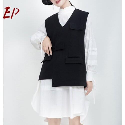 EP 2021 Spring New Streetwear Black vests V-Neck Open Stitch Woman Jacket Sleeveless Female Fashion Clothing