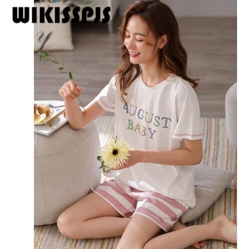 WIKISSPJS 2021 New Summer Short Sleeve Thin Pajamas Two Piece Suit for Womens Leisure Wear Sleepwear Lounge Wear Bedroom Set