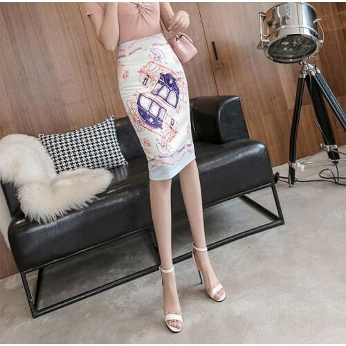 2021 New Summer Pencil Skirt Women Print Midi Skirt Carriage Patterns Waist Elastic Skirt Plus Size Skirt Medieval Skirt