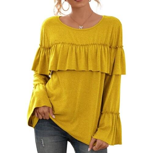 Womens Loose Casual Ruffle Stitching Shirts Long-Sleeved Solid Color Mid-Length T-Shirt Tops
